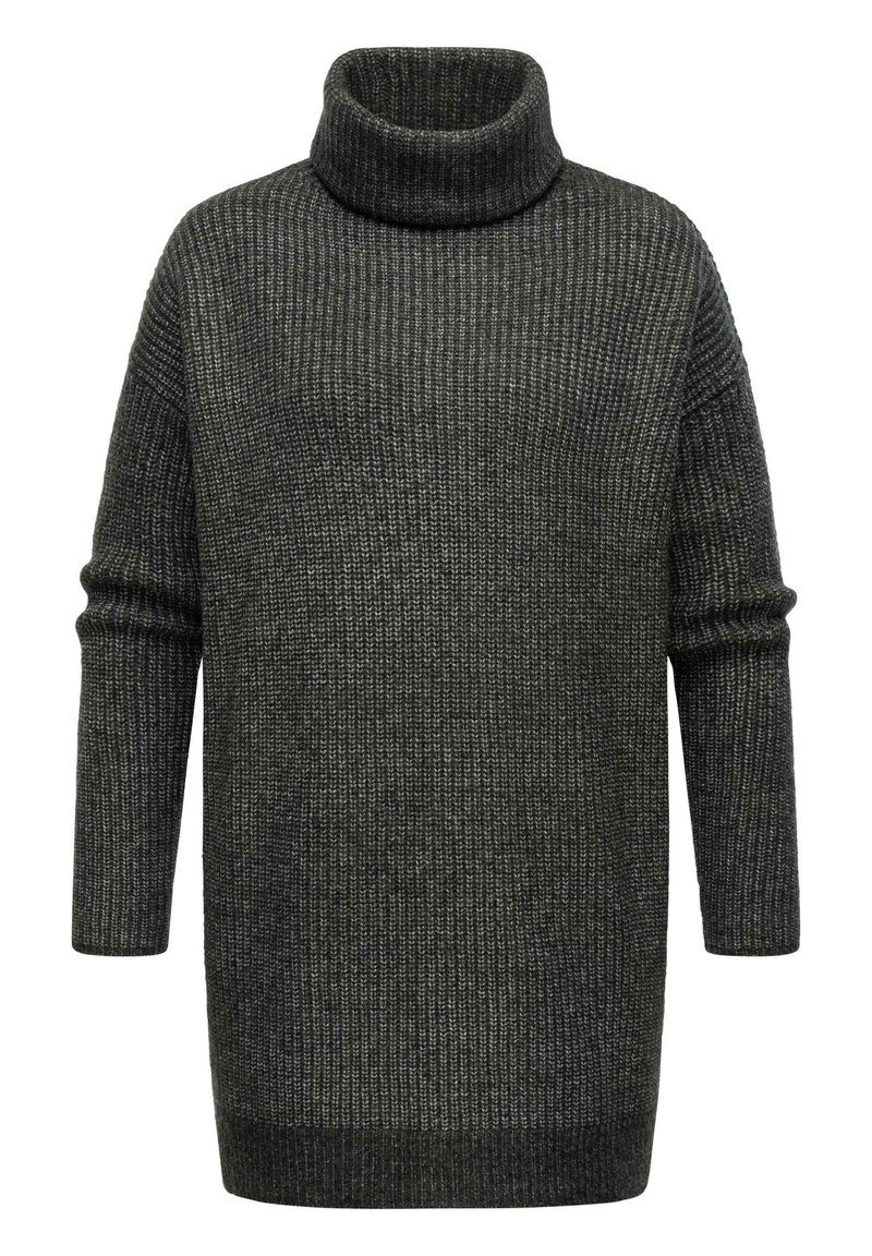 Mörkgrå, ribbad polotröja med lös passform och långa ärmar. Tjock textur, faller nedanför höfterna, ingen dekoration.