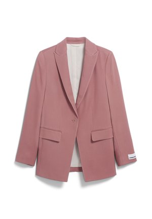 Pink blazer made of smooth fabric with two front pockets, single button closure, notch lapels, and a plain inner lining.