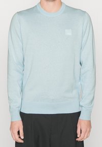 Jasnoniebieski sweter z dzianiny z okrągłym dekoltem, długimi rękawami, ribbowymi mankietami i dołem, z małym kwadratowym logo na piersi.