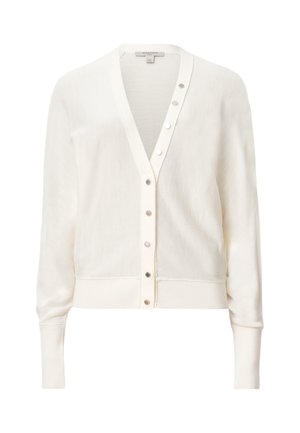 Cardigan bianco realizzato in tessuto leggero. Collo a V con cinque bottoni argento sul davanti. Polsini e orlo a coste. Design minimalista.