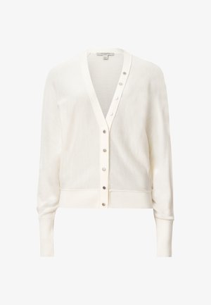 Cardigan bianco realizzato in tessuto leggero. Collo a V con cinque bottoni argento sul davanti. Polsini e orlo a coste. Design minimalista.