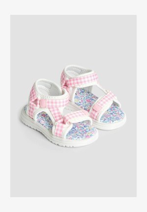 Roze i bijele karirane sandale s čičak trakama, s uloškom s cvjetnim uzorkom i teksturiranim gumama.