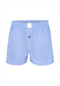 Ljusblå boxershorts i mjukt tyg med resår i midjan, med en knapp framtill och enkel design.
