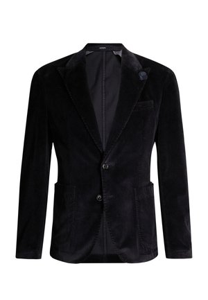 Schwarzer Cord-Männerblazer mit Kerbkragen, zwei aufgesetzten Fronttaschen, zwei Knöpfen und einem dekorativen Reversnadel.