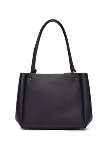 Borsa a mano in pelle nera con forma rettangolare, doppi manici, texture liscia e design minimalista. Presenta dettagli in tonalità oro.