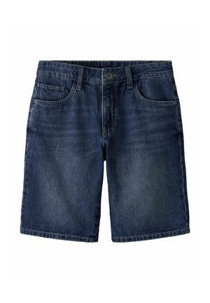 Dunkelblaue Jeansshorts mit geradem Schnitt, fünf Taschen und Knopfverschluss. Verfügt über sichtbare Nähte und eine leichte Ausbleichung.