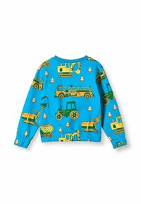 Sudadera azul con patrones de vehículos de construcción en amarillo y verde, incluyendo tractores y grúas, con conos de tráfico naranjas y un dobladillo elástico.