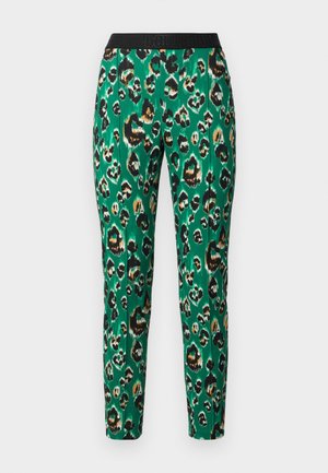 Grüne Hose mit einem Leopardenmuster in Schwarz, Braun und Gelb. Verfügt über einen strukturierten Bund mit Logo-Details.