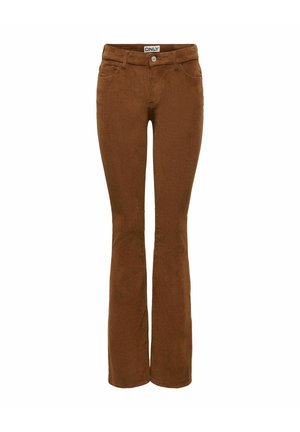 Pantalon en velours côtelé marron taille haute avec poches avant, bouton et légère évasement à l'ourlet, étiqueté ONLY à la taille.