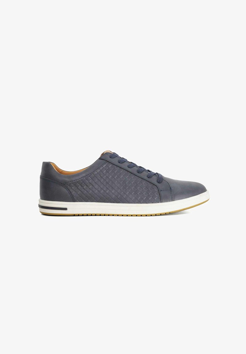 Navy leather sneaker with woven design, three eyelets, white sole, and rubber traction accents. Smooth texture and casual shape.