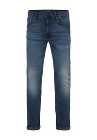 Jeans i mörkblå denim med en blekt finish, rak passform, uppvikta fållar, fem fickor samt knapp- och blixtlåsstängning.