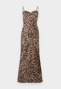 Leopard print maxi dress with thin adjustable straps, a sweetheart neckline, and a smooth, satin-like texture.