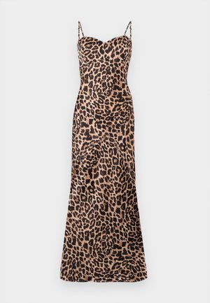 Leopardi-kuvioinen maksimekko, jossa on ohuet säädettävät olkaimet, sydänkohtainen kaula-aukko ja sileä, satiinimainen pinta.