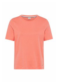 Coral short-sleeve t-shirt made of soft cotton with a crew neckline and straight hem, featuring a small logo accent on the lower side.