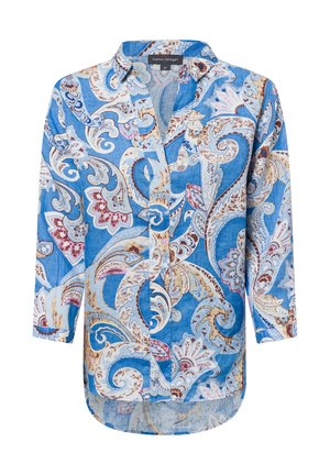 Blauw shirt met een patroon van een bloemen-paisley ontwerp in rood en crème. Gemaakt van lichte stof met een kraag en knopen aan de voorkant.