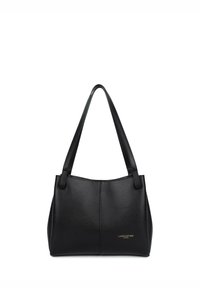 Borsa a mano in pelle nera con finitura testurizzata, dotata di due manici per la spalla e un logo dorato discreto sul davanti.