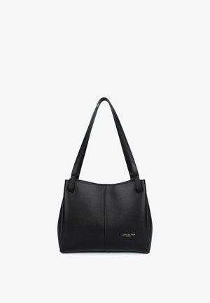 Black leather tote bag with a textured finish, featuring two shoulder straps and a subtle gold logo on the front.