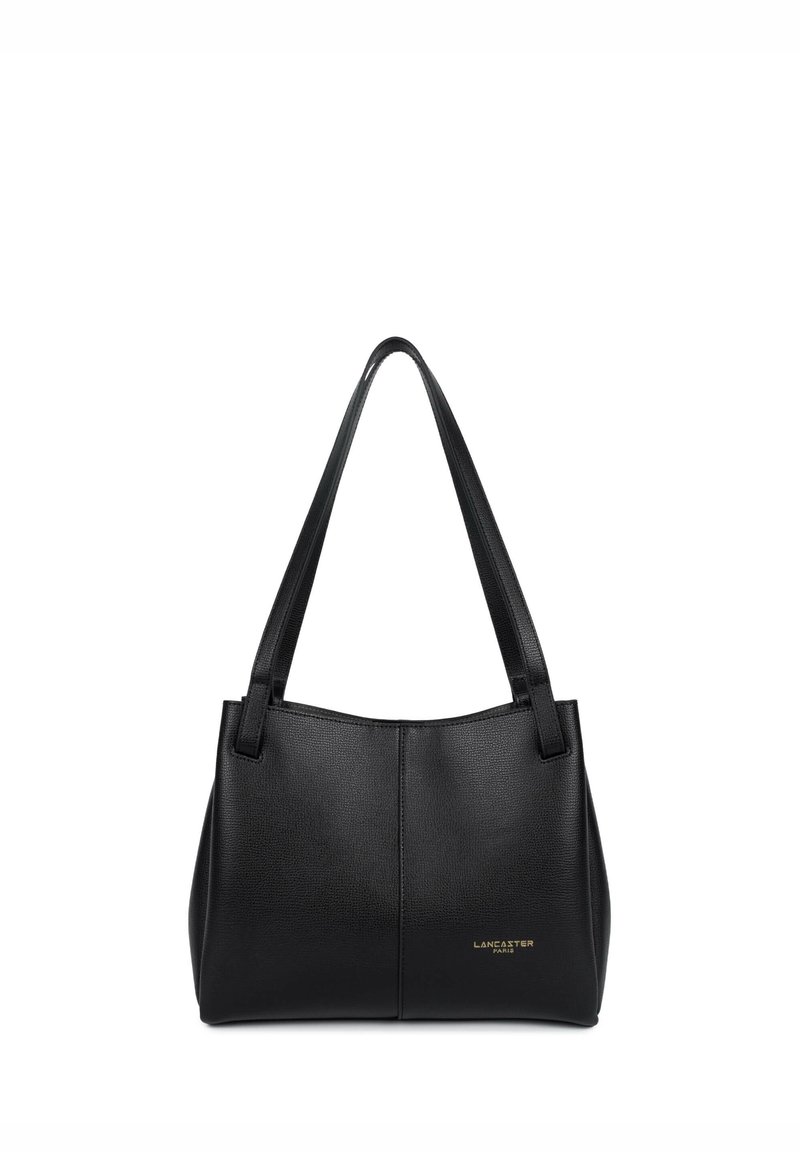 Borsa a mano in pelle nera con finitura testurizzata, dotata di due manici per la spalla e un logo dorato discreto sul davanti.