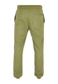 Grüne Baumwoll-Jogginghose mit elastischem Bund, Seitentaschen und einer einzelnen Gesäßtasche. Bündchen an den Knöcheln für eine schmal zulaufende Passform.