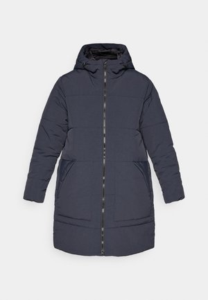 Marineblå pufferjakke med hette, helsikkermet glidelås og to frontlommer. Den har et quiltet design og glatt, vannavstøtende stoff.