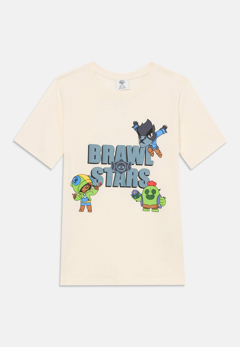 Cream-colored cotton t-shirt featuring three cartoon characters and the text "BRAWL STARS" in blue, with playful designs and vibrant colors.