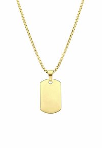 Gouden ketting met een platte, rechthoekige dog tag hanger. De ketting heeft een gepolijste, gestructureerde uitstraling. De hanger is leeg met gladde randen.