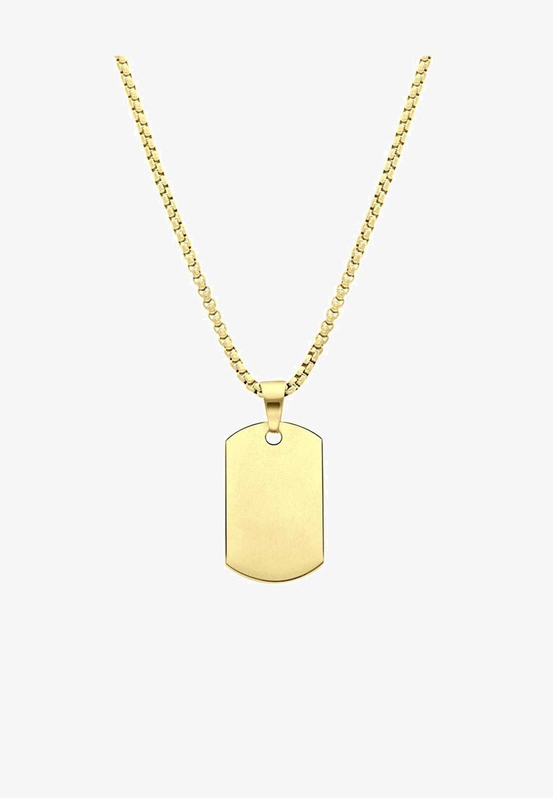 Collier en doré avec un pendentif en forme de plaque rectangulaire et plate. La chaîne présente un design poli et texturé. Le pendentif est vierge avec des bords lisses.