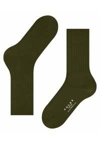Olivgrüne gerippte Socken mit glatter Textur, versehen mit verstärkter Zehen- und Fersenpartie. Markenname in Weiß auf der Sohle gedruckt.