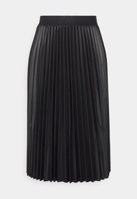 Jupe midi noire avec des plis verticaux étroits et une large ceinture élastique sur un fond clair uni.