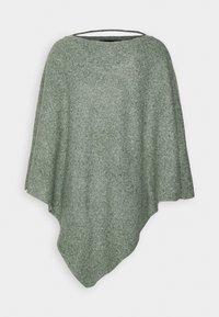 Miękki wełniany ponczo w kolorze szaroniebieskozielonym z dekoltem w łódkę i asymetrycznym dołem, przedstawiony na płasko na białym tle.