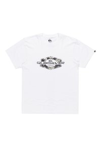 Camiseta de algodón blanca con un diseño gráfico negro y tropical. Manga corta, cuello redondo, corte relajado y logotipo de la marca en el frente.