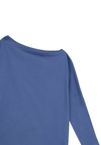Niebieska bluzka z długim rękawem i dekoltem hiszpańskim, wykonana z miękkiego materiału. Posiada luźny krój i gładką teksturę.