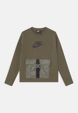 Olive green sweatshirt with a black Nike logo, featuring a large gray nylon front pocket secured with a black strap and plastic buckle.