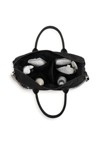 Geantă tote neagră cu mânere duble, închidere cu fermoar, buzunare interioare din plasă și compartimente organizate pentru sticle și obiecte moi.