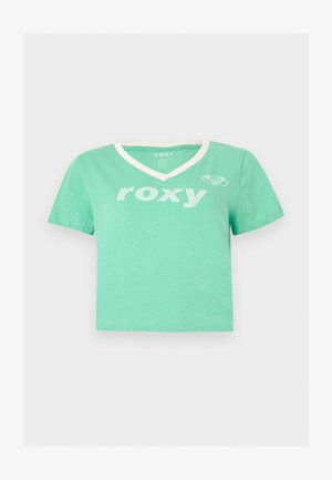 Krótki, miętowy T-shirt z krótkim rękawem, z białą lamówką w szpic, napisem "roxy" i logo w kształcie serca na przedniej prawej stronie.