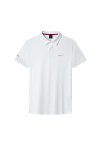 Weißes Poloshirt aus Baumwolle, mit klassischem Kragen, kurzen Ärmeln und dezenten Markenlogos, die auf der Brust und dem Ärmel gestickt sind.