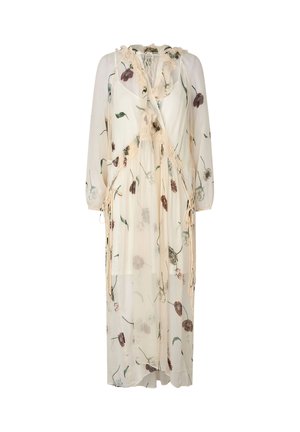 Robe transparente beige à motif floral, dotée d'un col volanté, d'une taille smockée et de cordons décoratifs sur les manches.