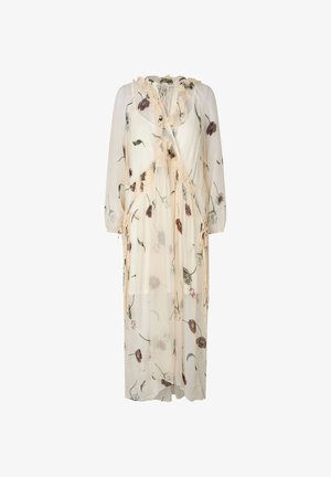 Robe transparente beige à motif floral, dotée d'un col volanté, d'une taille smockée et de cordons décoratifs sur les manches.