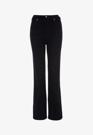 Black high-waisted jeans with a straight leg. Made of denim fabric, featuring copper-tone button accents and a clean, smooth texture.
