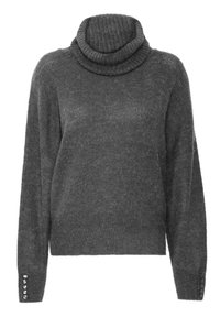 Maglione grigio a collo alto con maniche lunghe, texture morbida e bottoni decorativi sulle maniche. Presenta un taglio rilassato e un design accogliente.