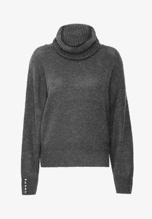 Harmaa korkeakauluksinen villapaita pitkillä hihoilla, pehmeä rakenne ja koristeelliset napit hihansuissa. Ominaisuuksiin kuuluu rento istuvuus ja kotoisa muotoilu.