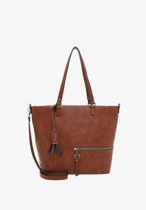 Bolso tote marrón de imitación cuero con asas dobles, una correa desmontable y un bolsillo frontal con cremallera. Presenta un borlas y acentos metálicos.