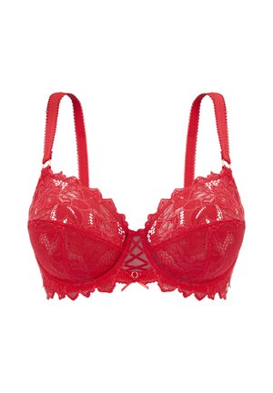 Red lace bra with sheer cups, scalloped edges, and decorative stitching. Features adjustable straps and a central gold-toned hardware accent.