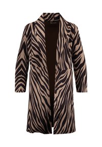 Langer Zebra-Druck-Jacke mit einem Schwarz-Tan-Farbschema, klassischem Kragen, offenem Vorderteil und Dreiviertelärmeln aus einem glatten Material.