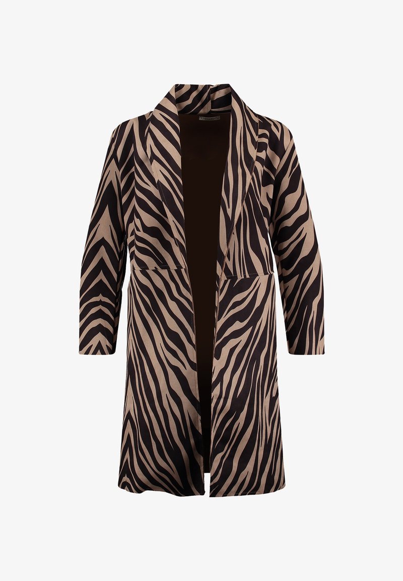 Giacca lunga con stampa zebra in una combinazione di colori nero e beige, colletto classico, apertura frontale e maniche tre quarti in un tessuto morbido.