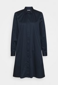Navyblauwe shirtdress met een kraag, lange mouwen, knoopsluiting aan de voorkant en een losse, vloeiende silhouet. Soepele stoftextuur.