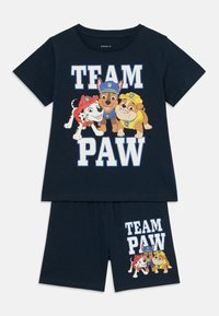 Navy blue cotton pajama set featuring cartoon dogs and "TEAM PAW" text. Short-sleeve top and shorts with elastic waistband.