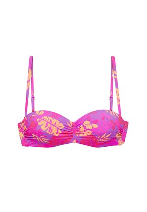 Pink and purple floral bikini top with adjustable shoulder straps and yellow leaf and flower pattern.