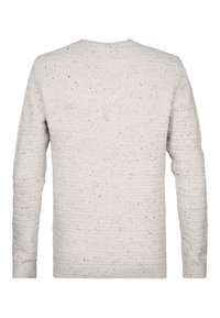 Light gray knitted sweater featuring a textured pattern, round neckline, and long sleeves with ribbed cuffs and hem.