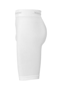 Shorts de compression blancs avec une taille élastique lisse arborant un logo discret. Le tissu présente des motifs texturés pour un soutien renforcé.